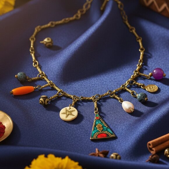 Indian Artisanal Boho Chic Necklace Antique Gold Charms Colorful Accents - Picture 5 of 9